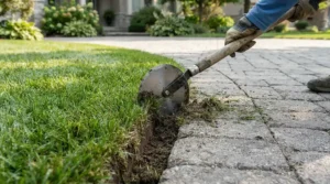 Using a lawn edging tool for straight lines beside a gravel driveway
