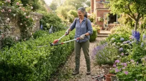 Demonstrating the correct technique with a lawn edging tool for straight lines