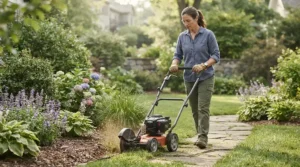 Ergonomic long-handled lawn edging tool for straight lines in a back garden