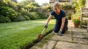 A lawn edging tool for straight lines creating a neat divide against patio slabs