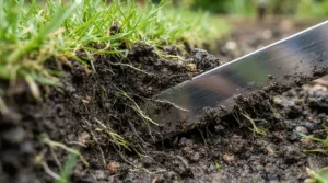 Close-up of the sharp steel blade on a lawn edging tool for straight lines