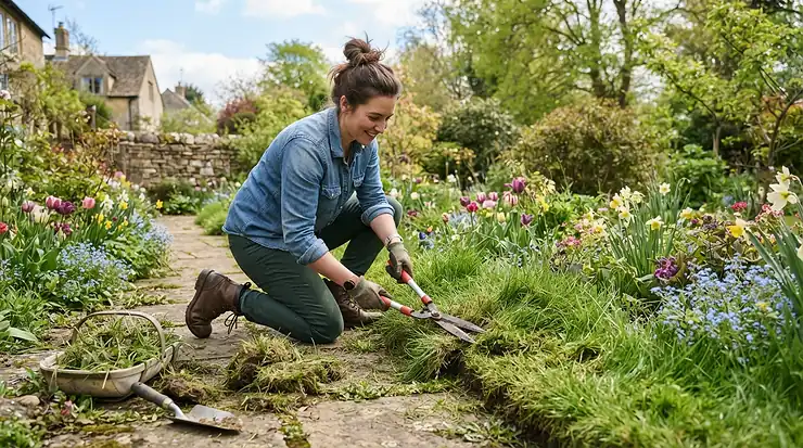 Spring garden maintenance with a lawn edging tool for straight lines