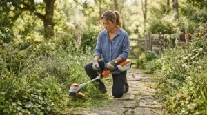 Using a lightweight brush cutter for brambles along a narrow countryside footpath edge