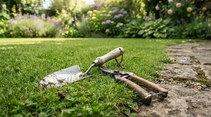 A manual vs electric lawn edger comparison showing tools creating clean borders along a garden path.
