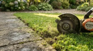 Creating crisp edges with a manual vs electric lawn edger next to a garden patio.
