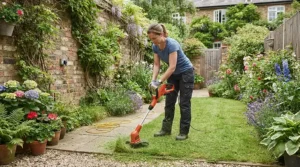 Using a manual vs electric lawn edger to maintain a compact urban lawn space.