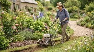 A powered device featured in a manual vs electric lawn edger test along a flower bed.