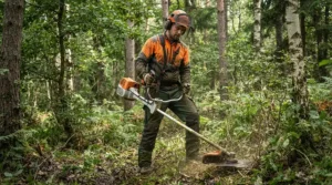Gardener wearing full protective gear while operating a brush cutter for brambles in dense woodland
